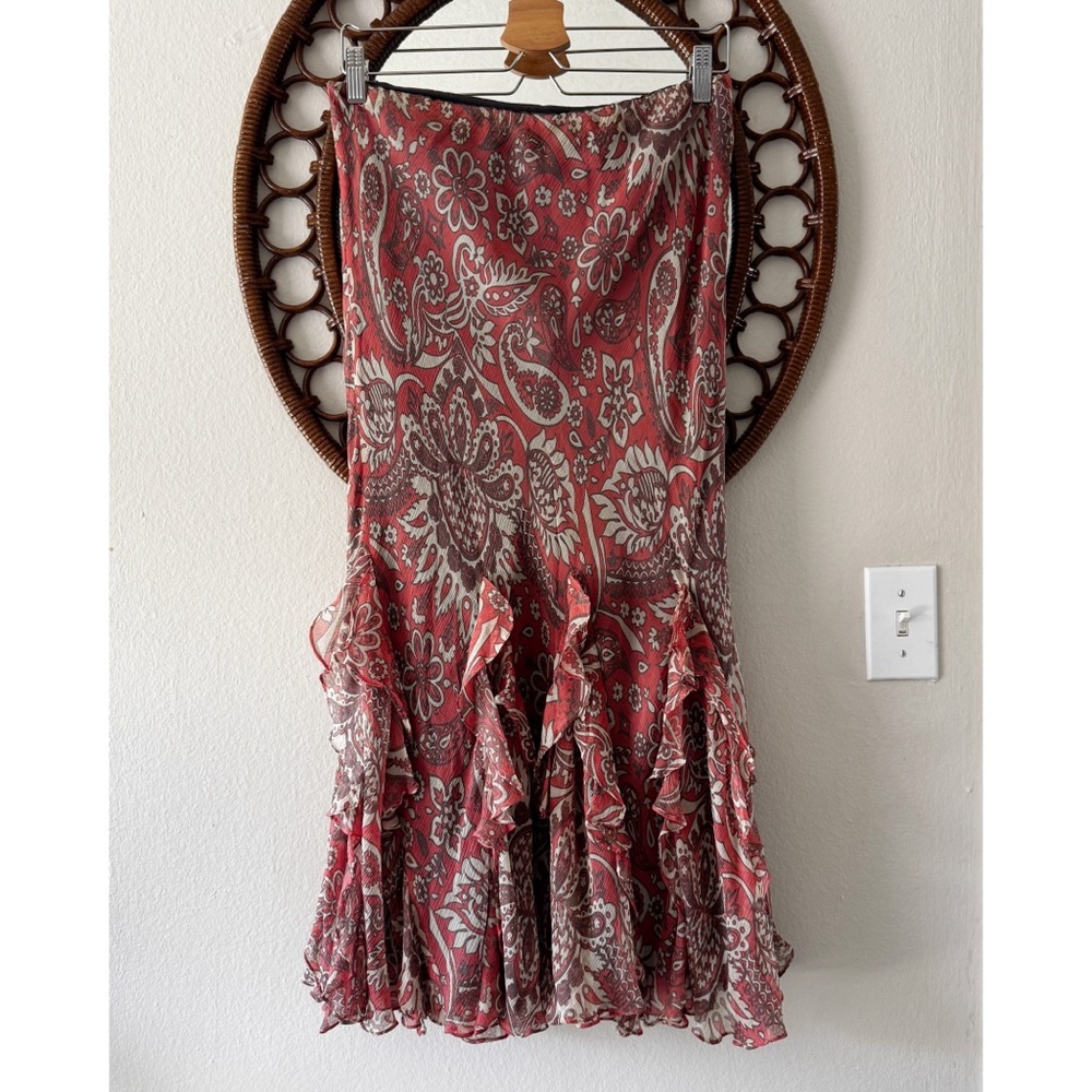 Vtg Y2K silk paisley ruffle midi skirt size 8
